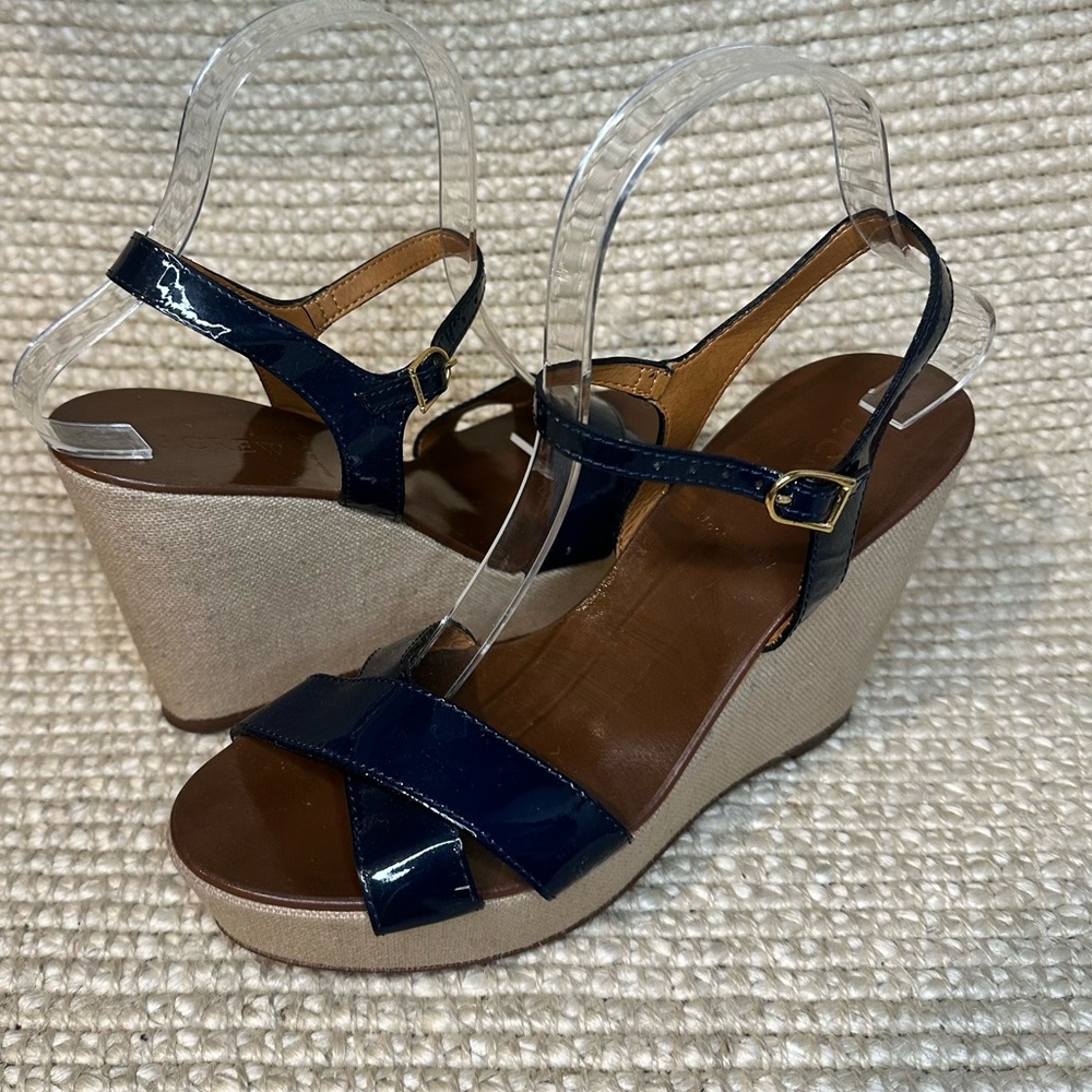 J. Crew Patent Leather Wedge Sandals with Crisscross Straps Italy sz 8